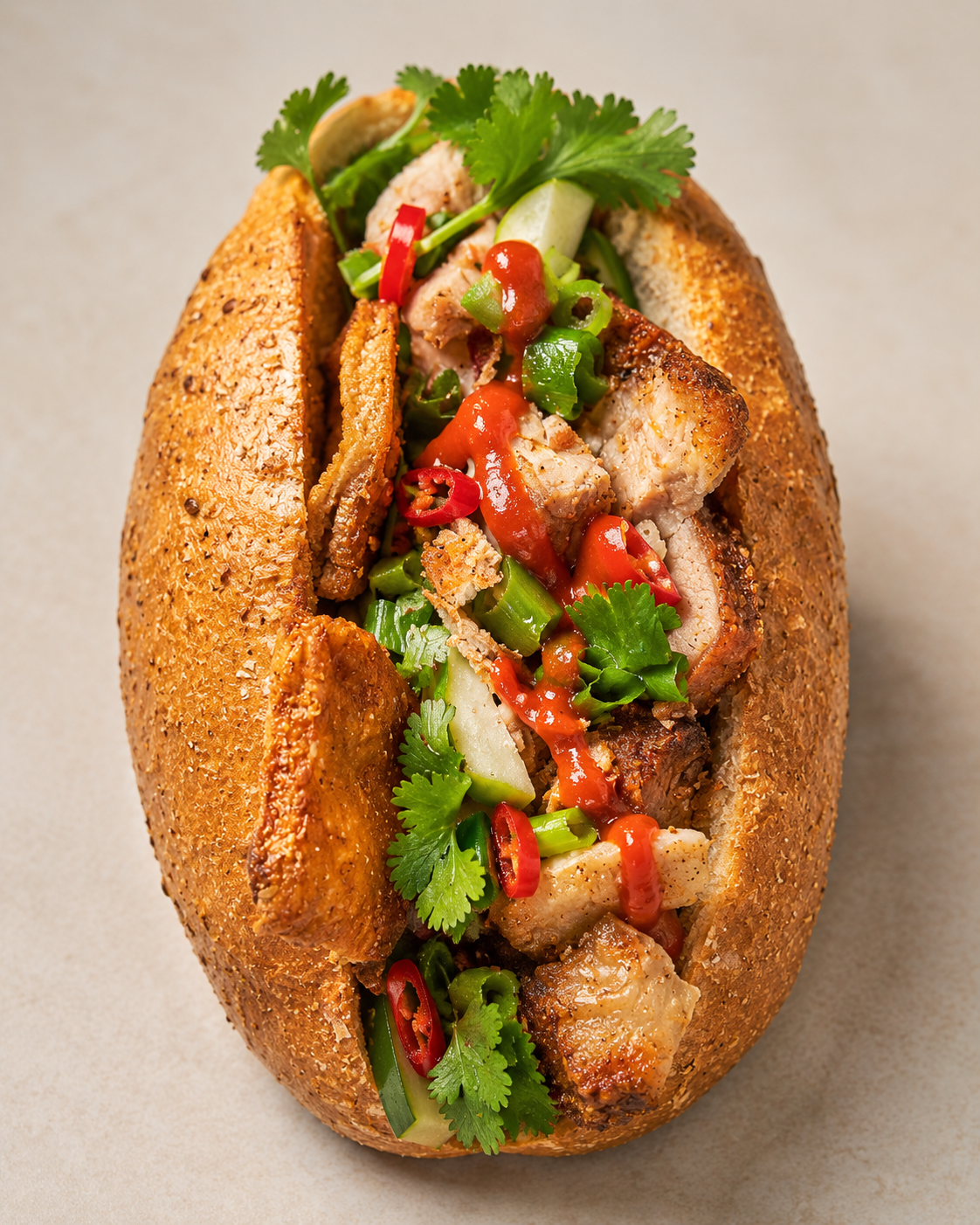 Roast pork and crackling banh mi Vietnamese baguette with pickled carrot, daikon, coriander and chilli