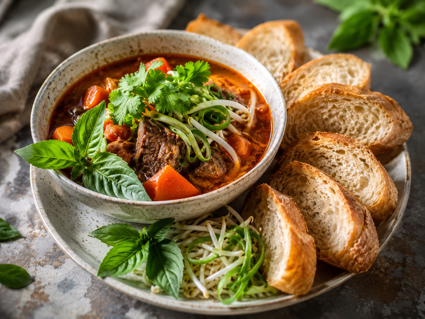 Bowl of Vietnamese bo kho beef stew with carrots, rice noodles and fresh herbs