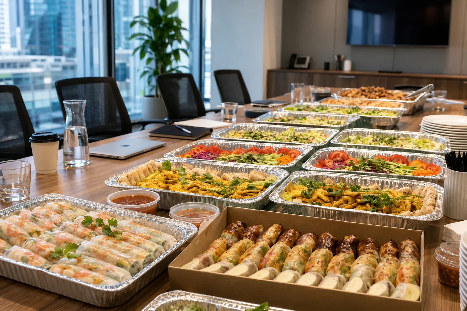 Great Aunty Three Vietnamese catering platters set out for a Sydney office lunch