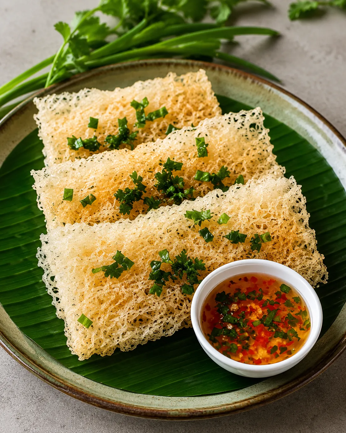 Crispy fried noodle crackers with fresh herbs and a savoury dipping sauce