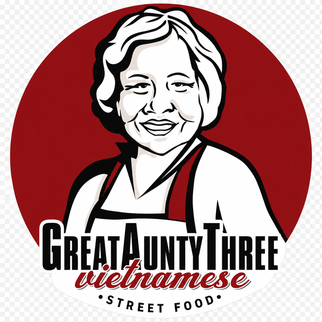 Great Aunty Three logo, an illustrated portrait on a red circular badge