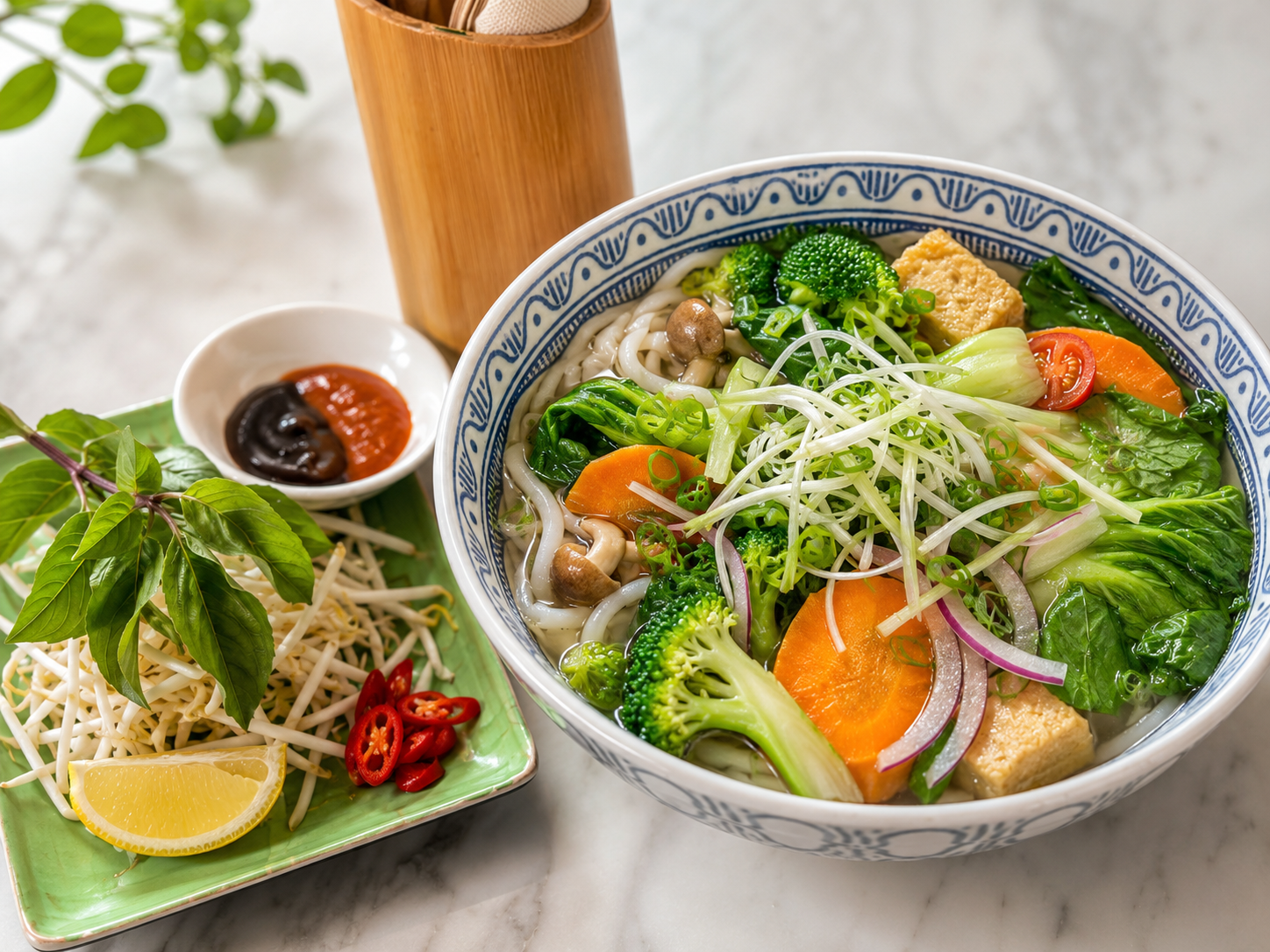 Bowl of Vietnamese vegetarian pho chay with fresh vegetables, herbs and rice noodles