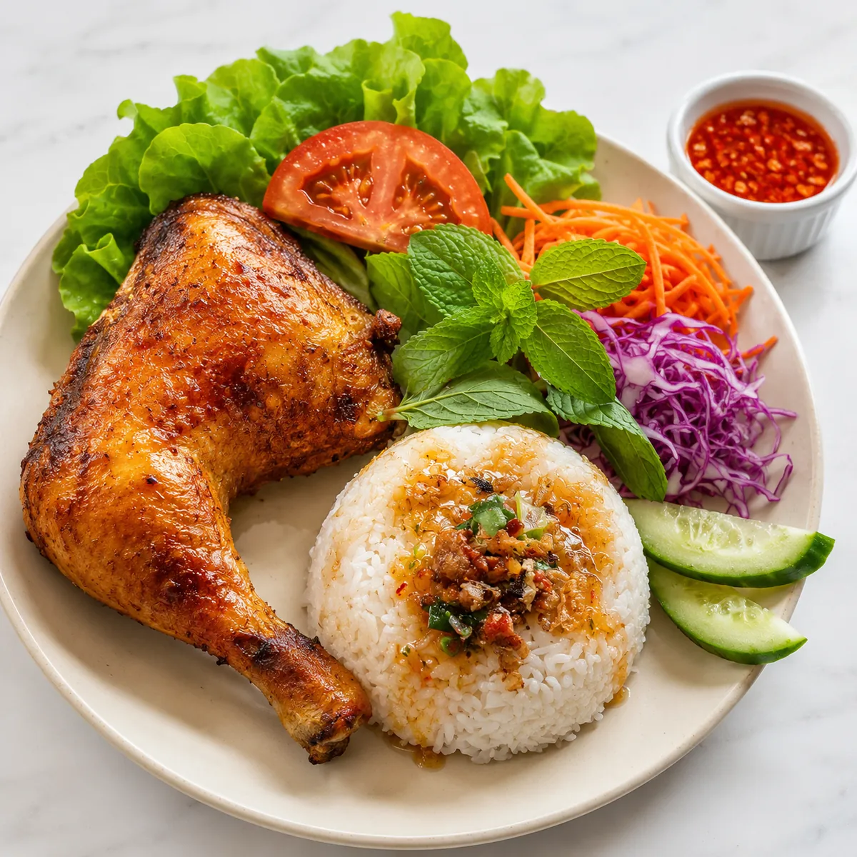 Grilled chicken leg with crispy skin served over rice with garlic sauce, fresh salad and chilli dipping sauce