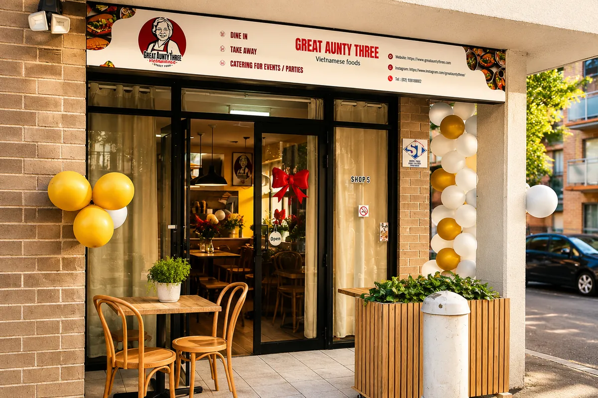 Great Aunty Three storefront exterior in Pyrmont, cream signage with red lettering above the entrance