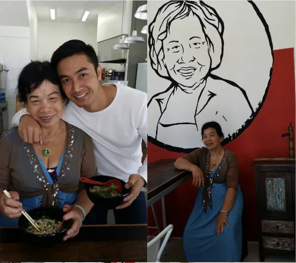 Great Aunty Three sharing a bowl of pho with Michael Le, and standing beside the illustrated portrait that became the Great Aunty Three logo